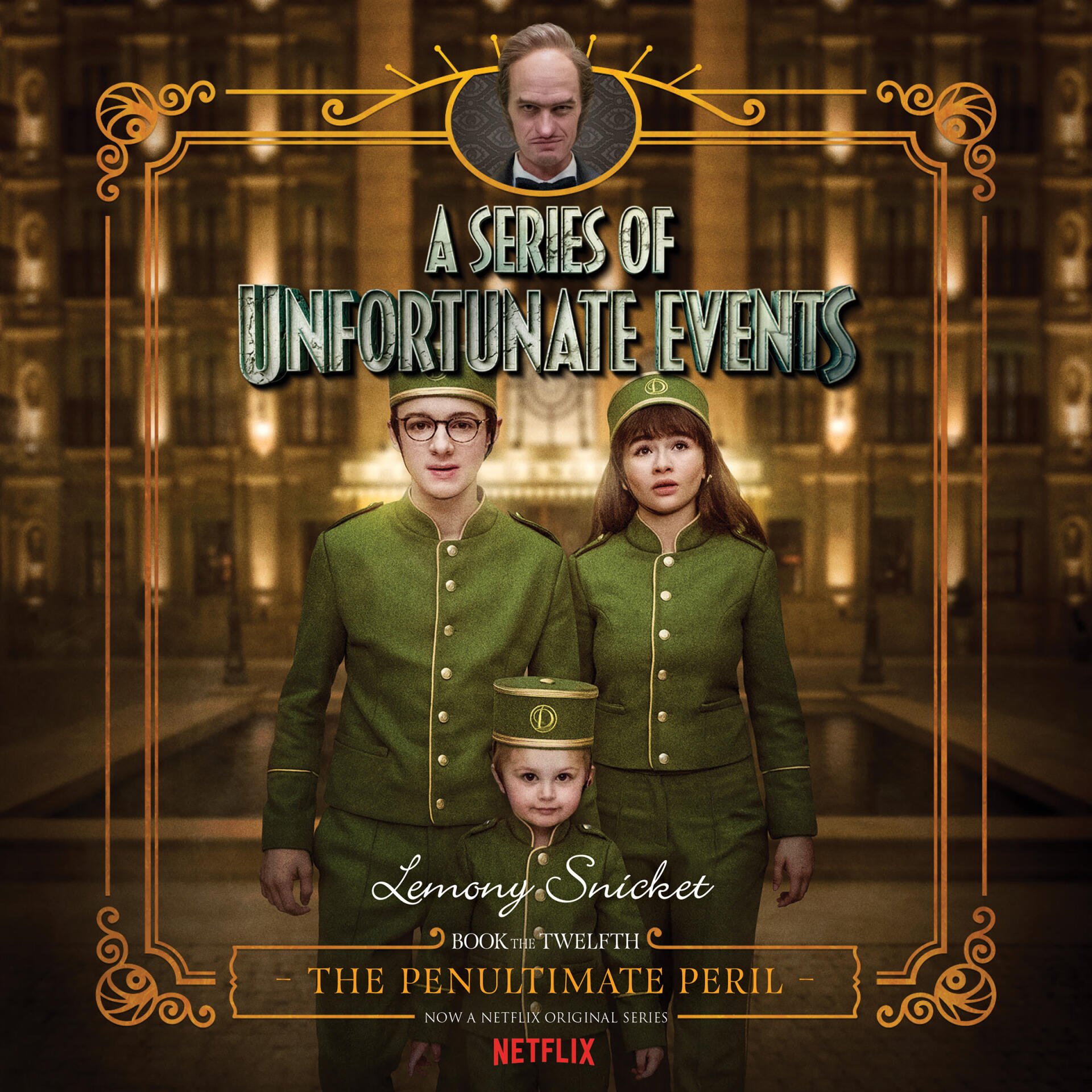 Promotional poster for the TV show A Series of Unfortunate Events: three children in green uniforms stand before an ornate hall, a portrait of a stern man above.