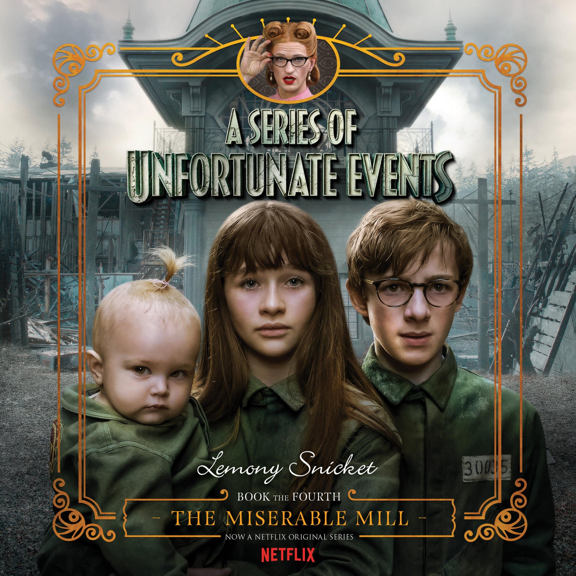 Poster for the TV show A Series of Unfortunate Events: the three Baudelaire siblings—baby Sunny, Violet and Klaus—stand before a grim, foggy estate.