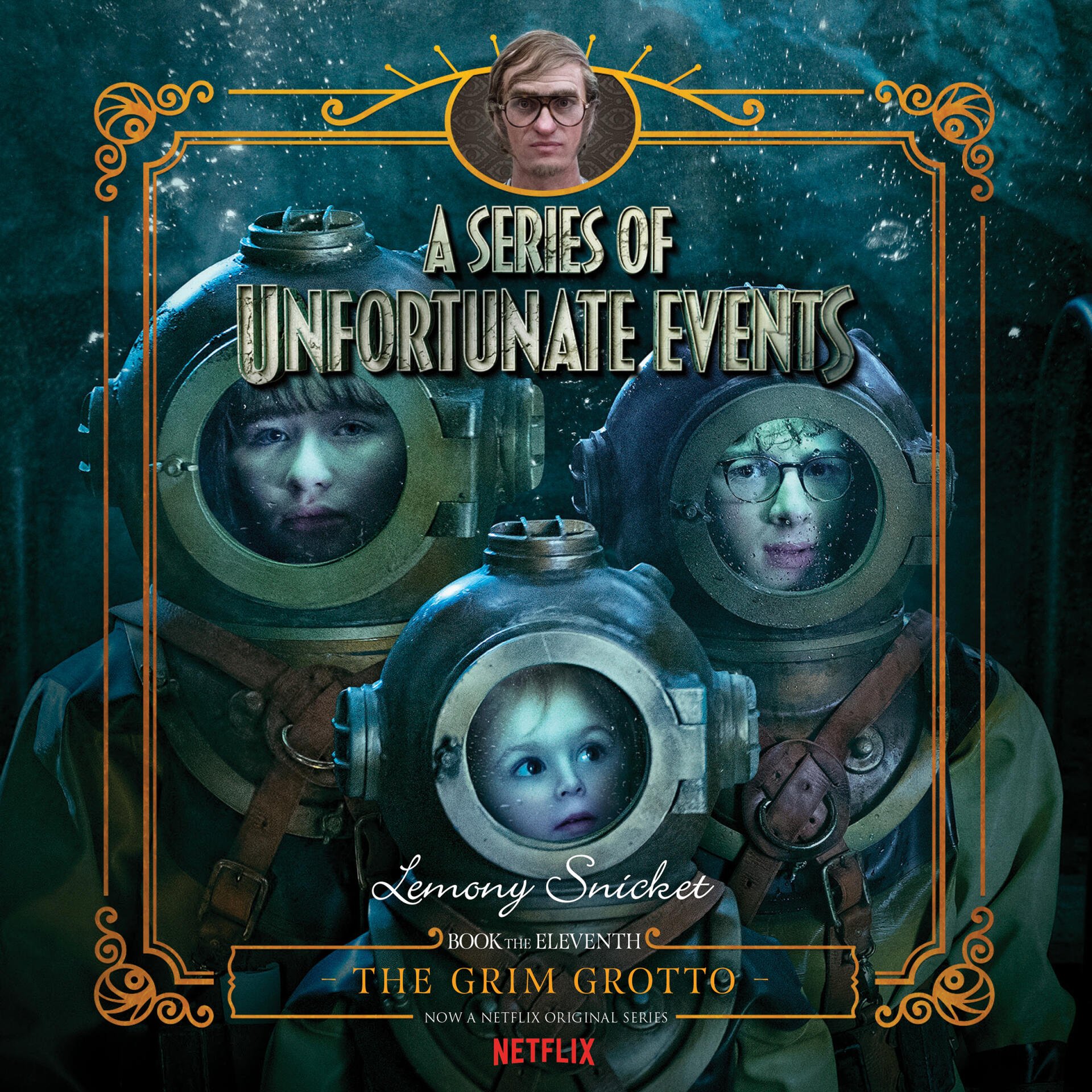 Promotional cover for the TV show A Series of Unfortunate Events: three figures in antique diving helmets set against a murky grotto, framed by ornate gold detailing.
