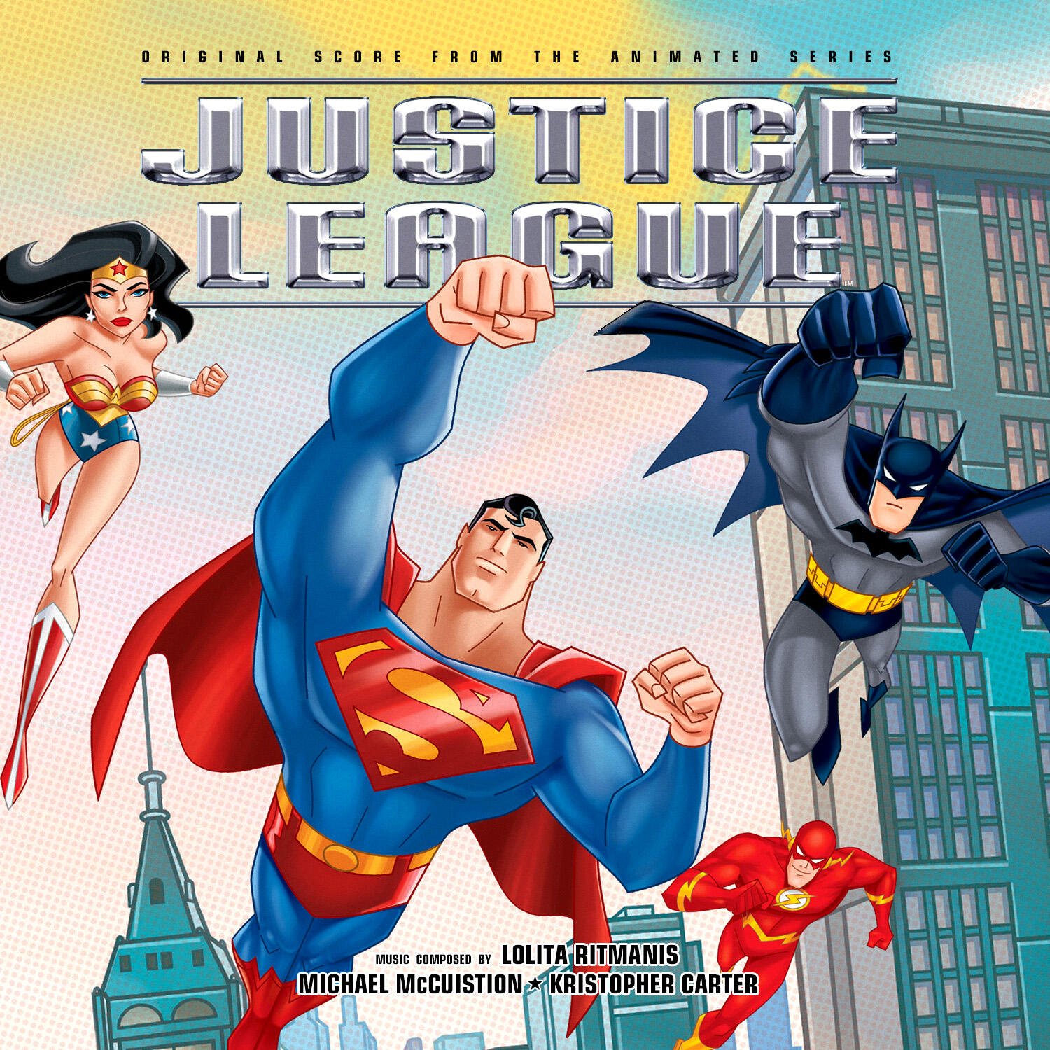 Justice League Unlimited cover art: Wonder Woman, Superman, Batman and Flash in dynamic poses flying over a city skyline.