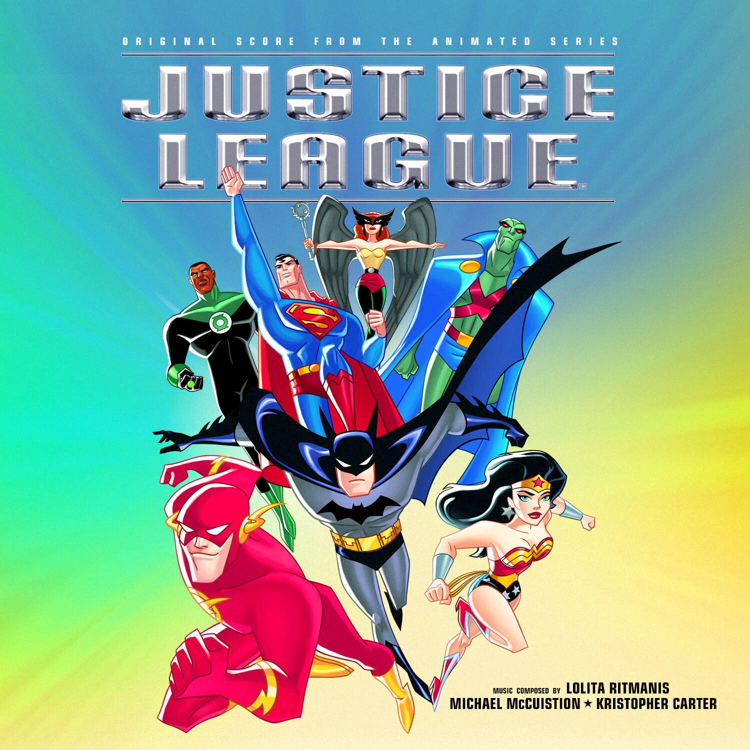 Justice League Unlimited poster: animated Batman leads Superman, Wonder Woman, Flash, Green Lantern, Martian Manhunter and Hawkgirl bursting forward on a vibrant gradient background.