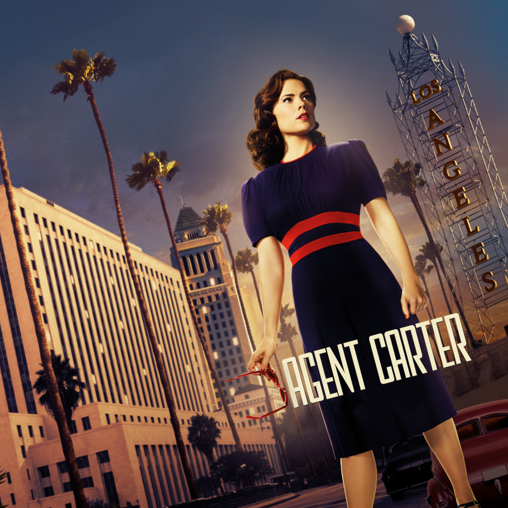 Agent Carter TV show poster: 1940s–dressed woman stands confidently before a stylized Los Angeles skyline, palm trees and a vintage theater marquee.