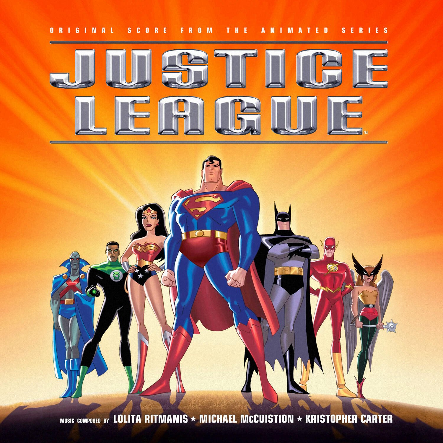 Justice League Unlimited poster: Superman center with Wonder Woman, Batman, Flash, Green Lantern and others in heroic pose against an orange sunburst background.