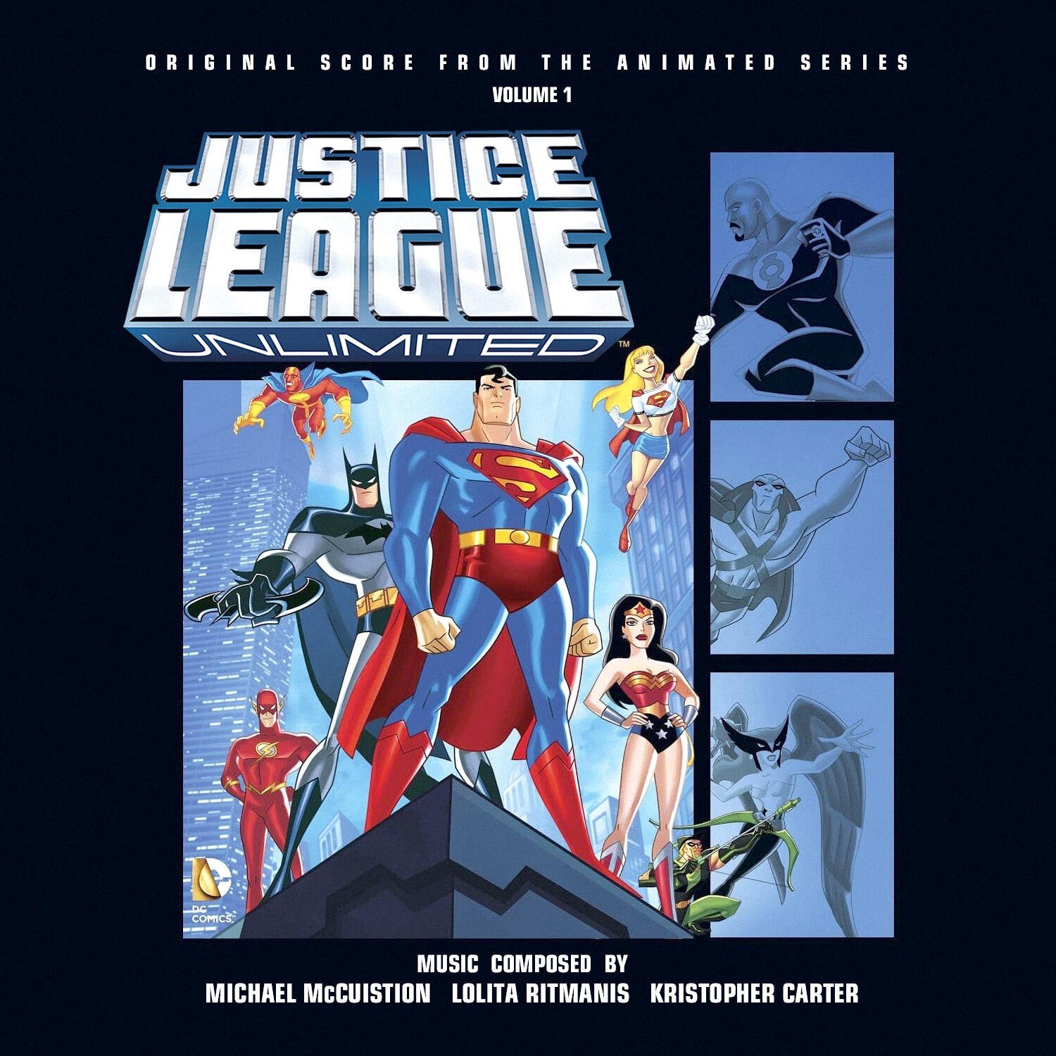 Justice League Unlimited cover art: Superman center with Batman, Wonder Woman, Flash and other heroes beneath the series logo on a blue background.