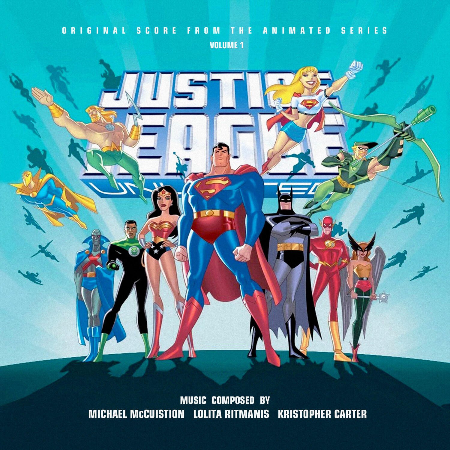 Justice League Unlimited album cover: animated superheroes pose heroically—Superman front center with Batman, Wonder Woman, Green Lantern and Flash.