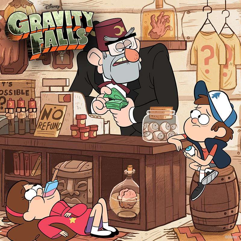 Gravity Falls: Grunkle Stan counts cash behind the Mystery Shack counter as Dipper perches on a barrel and Mabel lounges on the floor amid oddities and jars.
