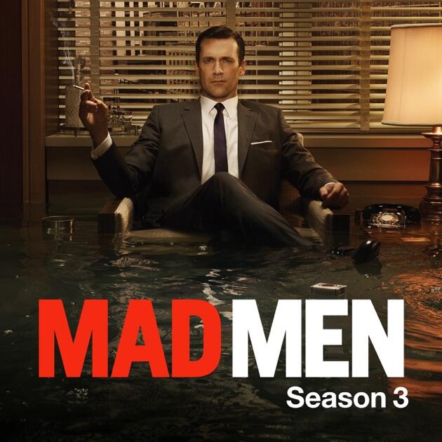 Mad Men Season 3 promo: man in a 1960s suit smokes while seated in a flooded retro office, water rising around his chair and a lamp.