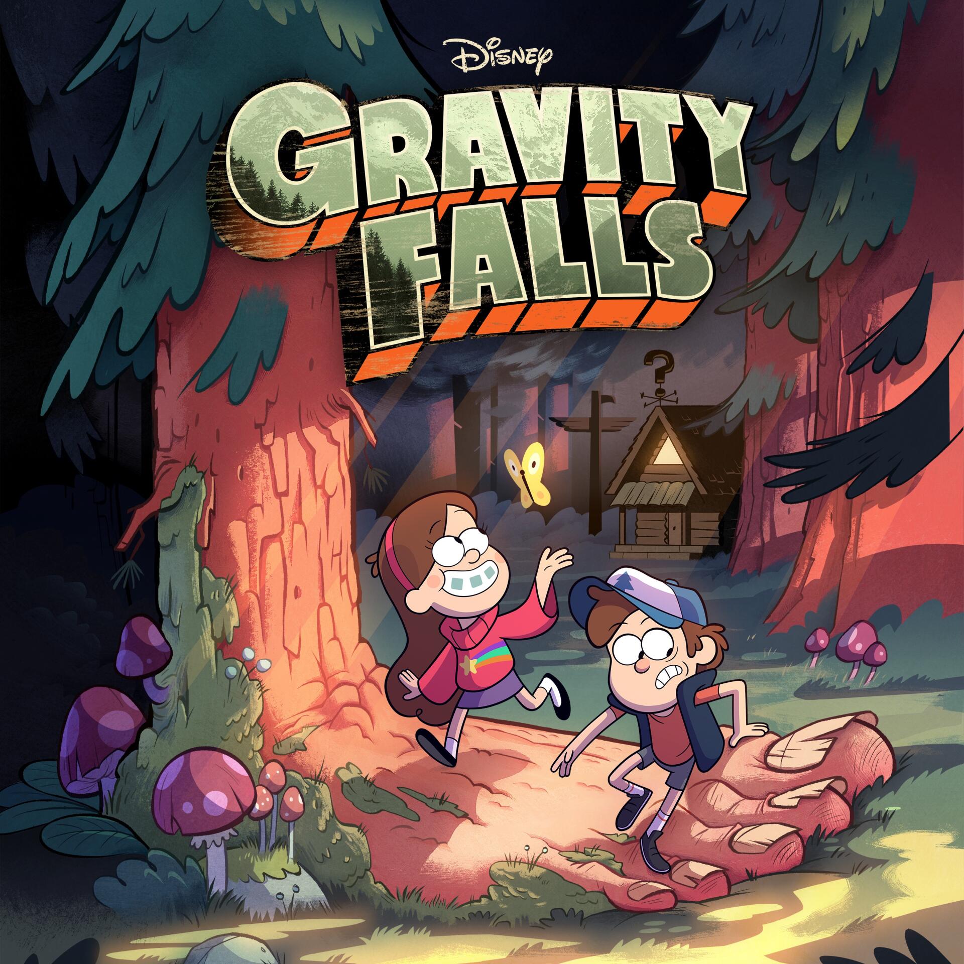 Gravity Falls: Mabel and Dipper Pines run along a glowing forest path toward the Mystery Shack, surrounded by oversized mushrooms and looming pine trees at dusk.