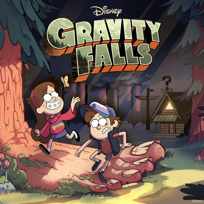 Gravity Falls: Mabel and Dipper Pines run through an eerie forest toward the Mystery Shack, a giant root-hand and question-mark sign visible.