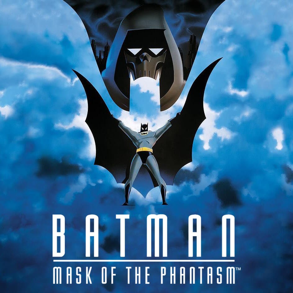 Poster for Batman: Mask of the Phantasm — Batman stands with cape outstretched before a looming hooded, skull-masked figure against a stormy, cloud-filled blue sky.