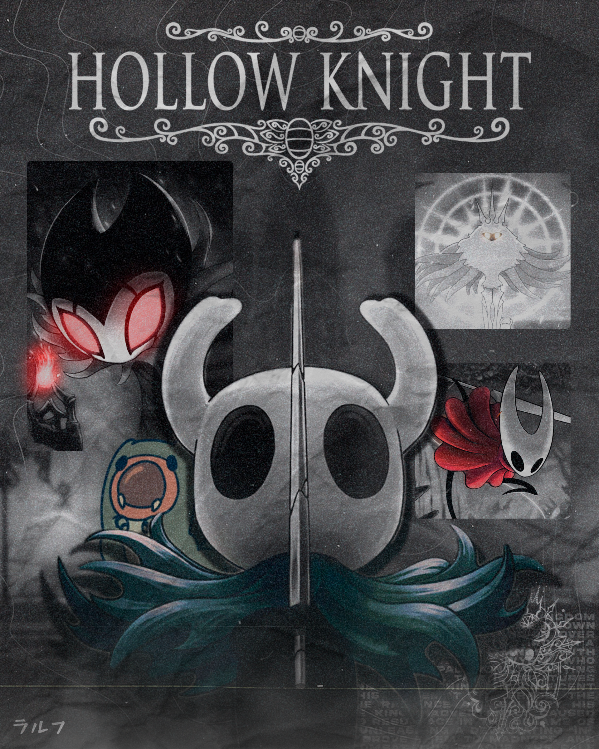 Hollow Knight collage: central white Knight mask bisected by a Nail, flanked by Hornet, shadowy foes and a luminous figure, moody grayscale background with striking red highlights.