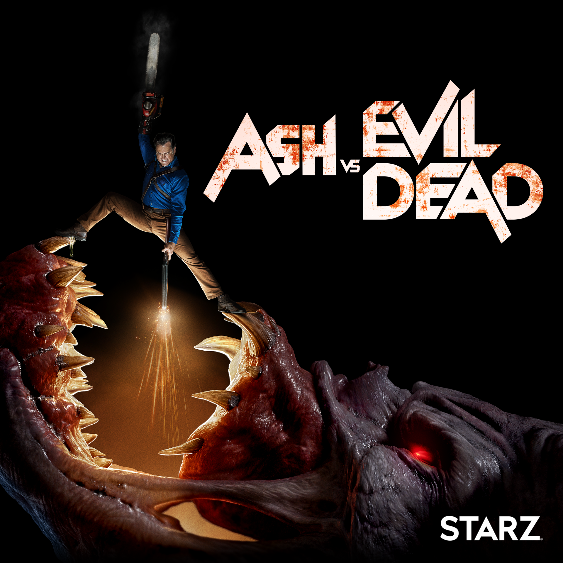Ash vs. Evil Dead (TV show) poster: Ash wields a chainsaw and shotgun, suspended above a gaping demon maw with a glowing red eye; STARZ logo.