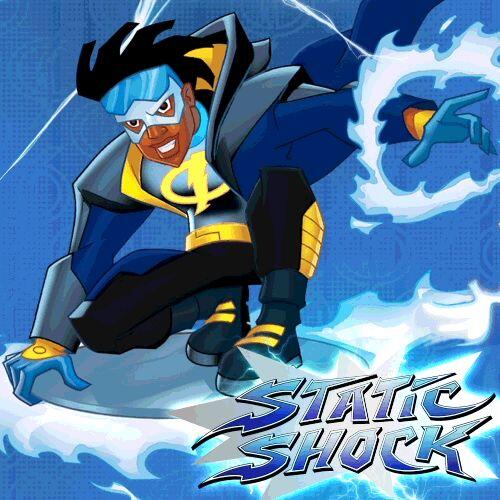 Static Shock crouching on a crackling sphere of blue electricity, wearing a visor and lightning-emblazoned suit, fists sparking with arcs and the series logo at the corner.