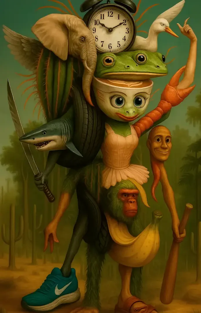 Italian Brainrot: surreal composite figure with a frog hat over a doll-like face, elephant trunk, clock, swan, shark, banana monkey, human mask, sneaker and bat in a dream landscape.
