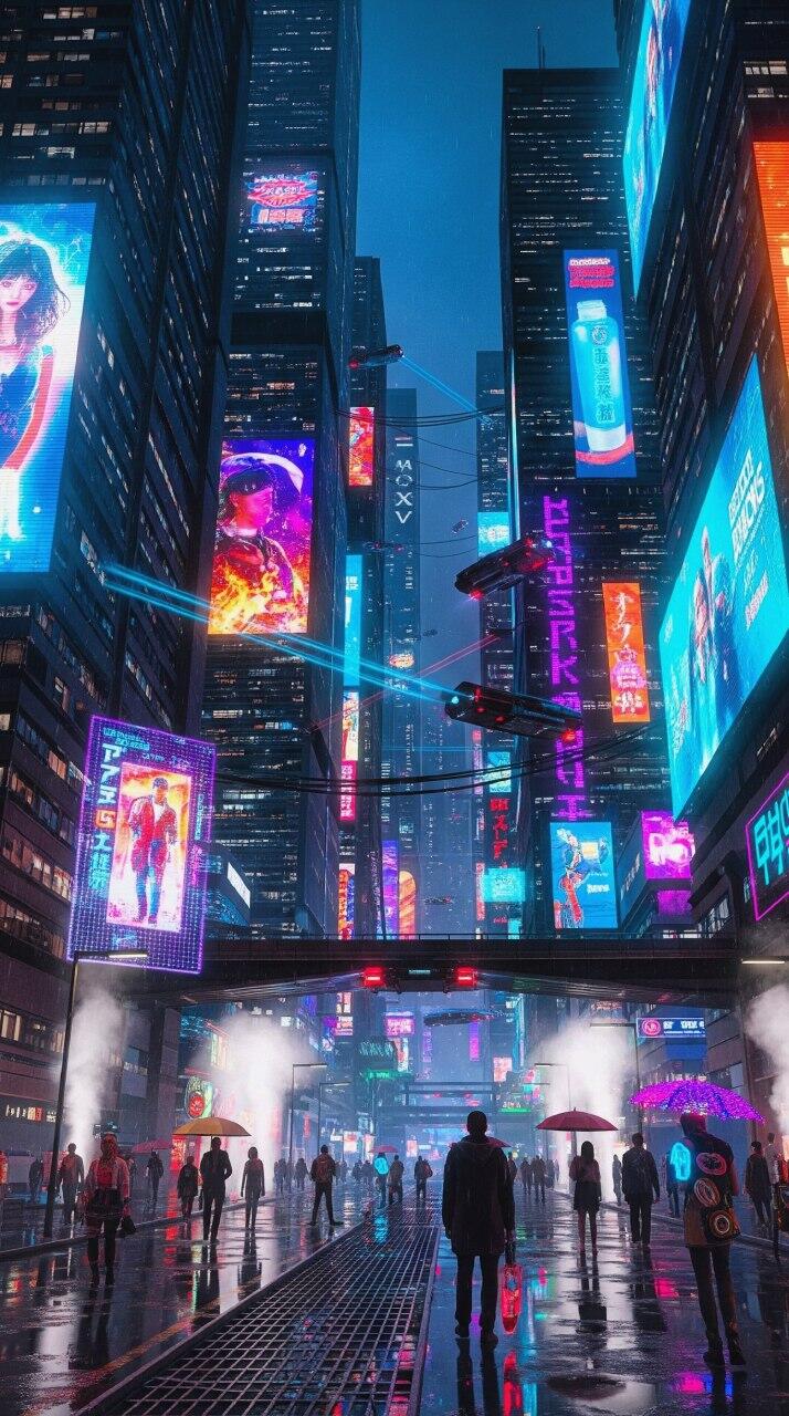 Rain-slick cyberpunk city street at night, towering neon skyscrapers and giant holographic billboards, silhouetted pedestrians with umbrellas and hovering vehicles.