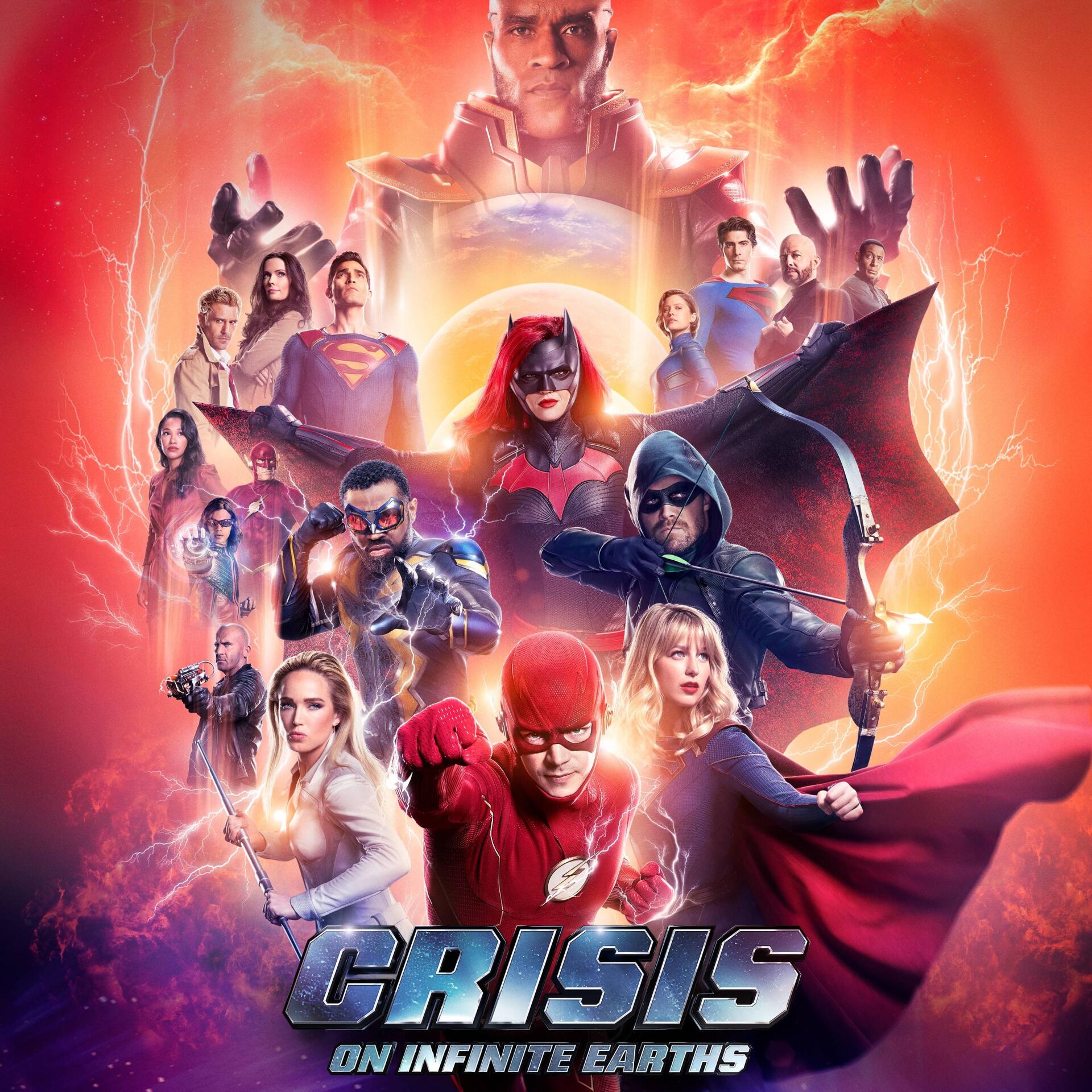 Crisis on Infinite Earths TV crossover poster showing Arrowverse heroes—Flash front and center with Batwoman, Green Arrow and Supergirl amid red lightning and a looming cosmic antagonist.