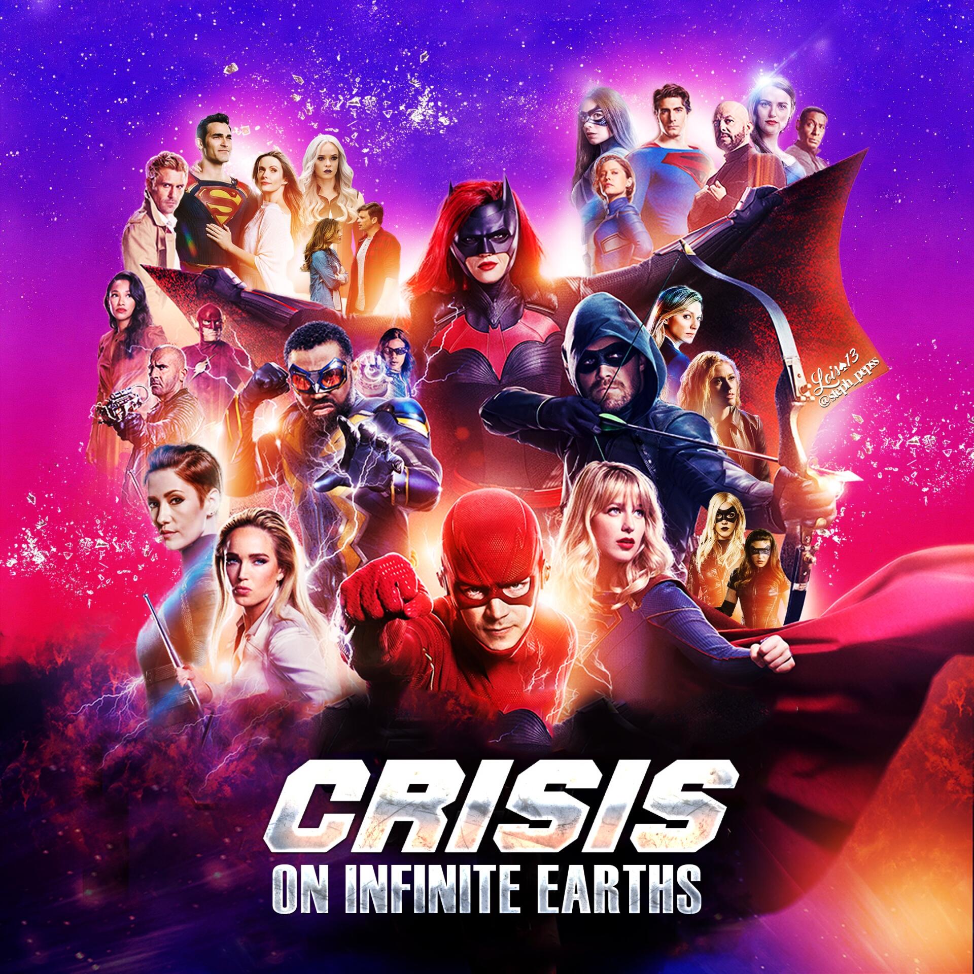 Crisis on Infinite Earths TV crossover poster showing an ensemble of DC TV heroes — Flash, Arrow, Batwoman, Supergirl and others set against a dramatic cosmic red-purple backdrop.