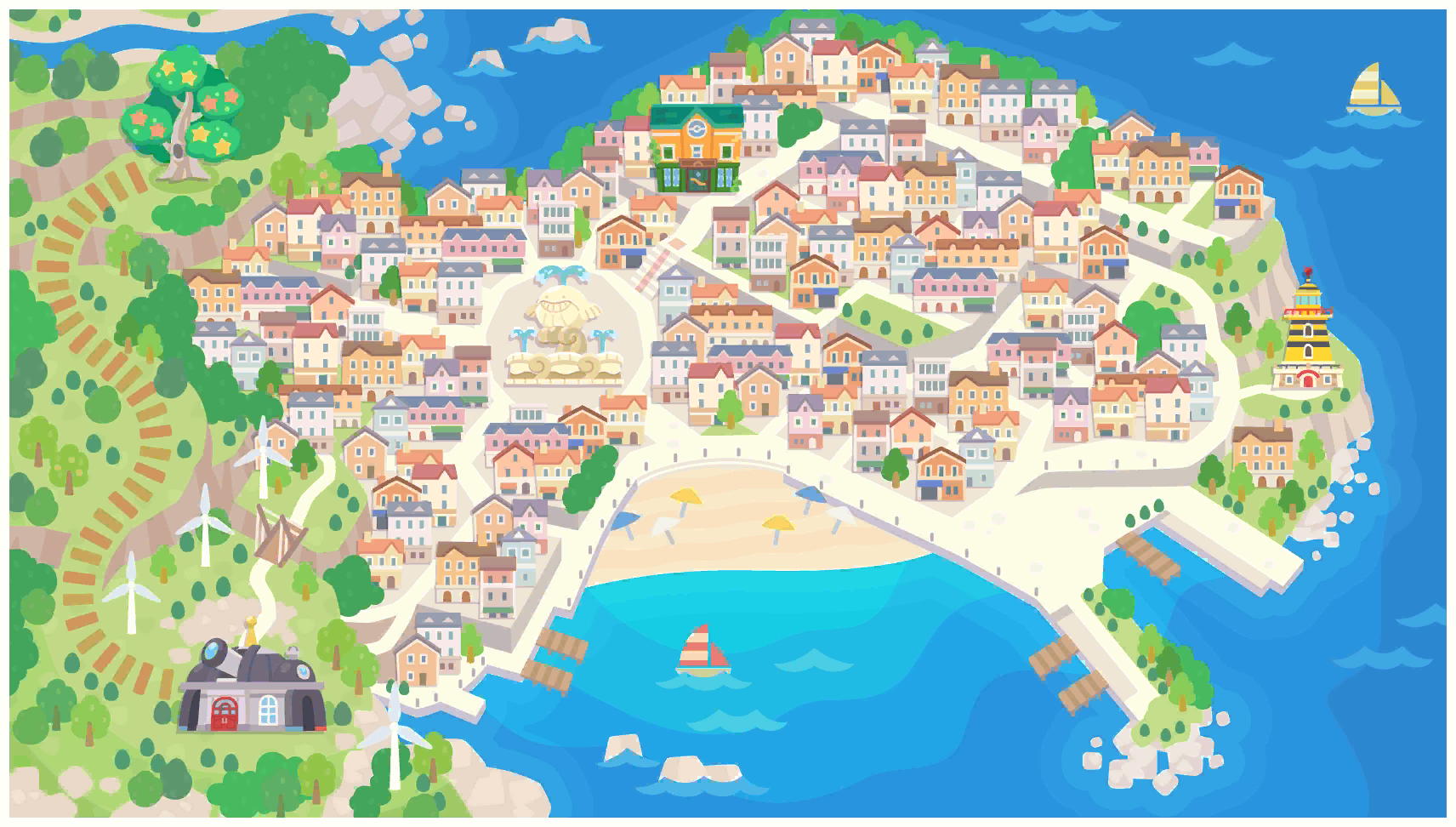 A bright seaside town map in Pokemon Friends/Pokemon style, with a sandy bay, colorful hillside houses, docks, sailboats and surrounding green hills.