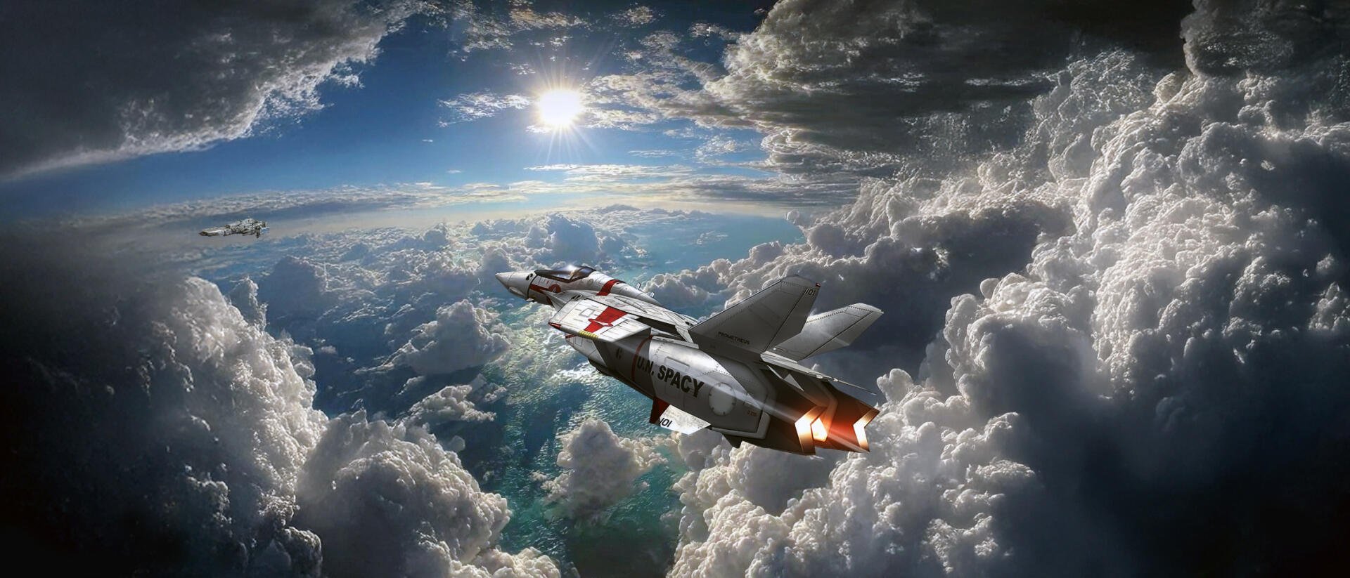 Robotech/Macross veritech fighter flies above cloud tops near the SDF-1, engines glowing as sunlight pierces dramatic storm clouds.