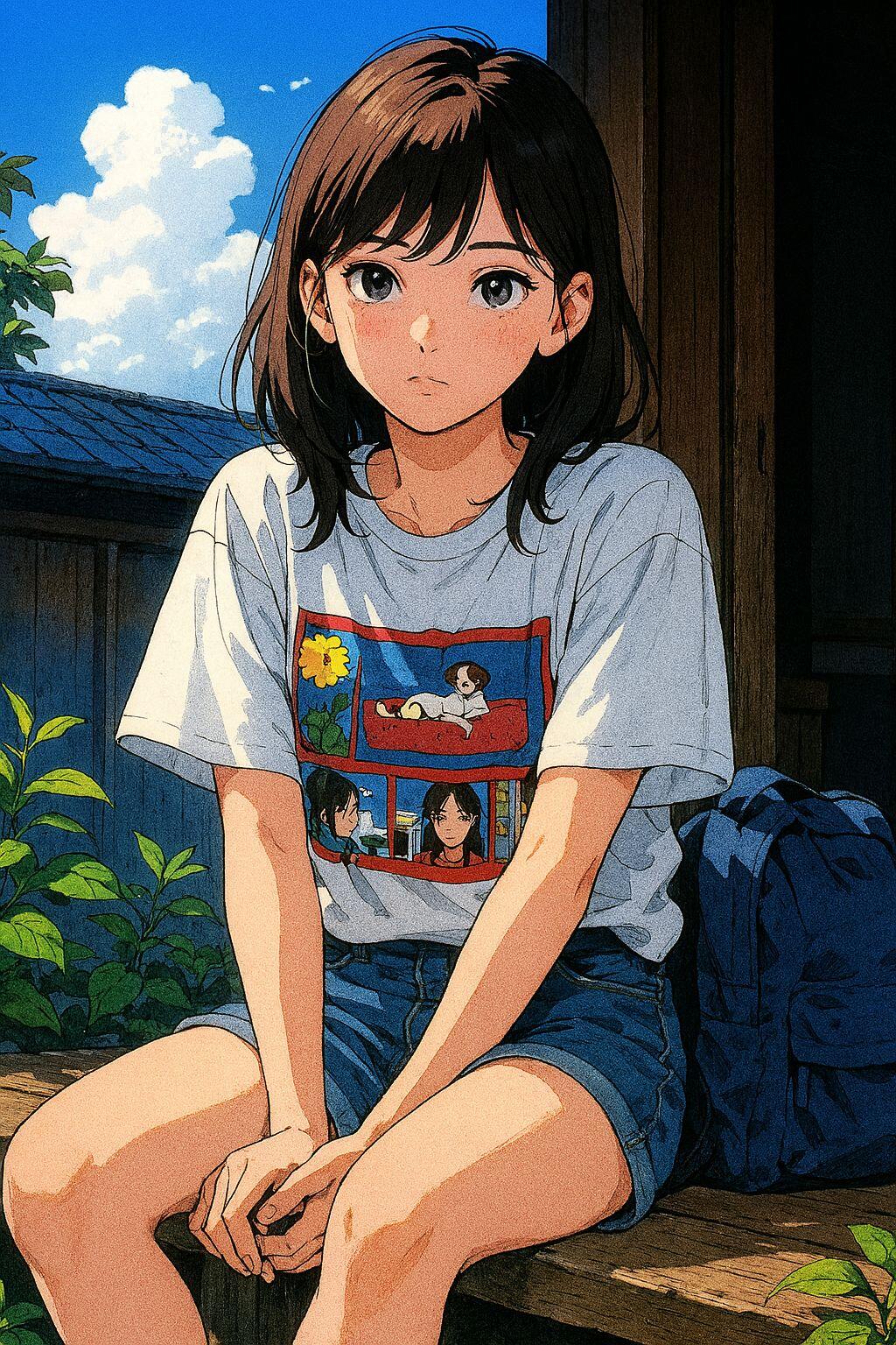Aesthetic anime portrait of a beautiful anime girl sitting on a sunlit wooden porch in a graphic tee and shorts, serene expression, lush foliage and warm, detailed coloring.