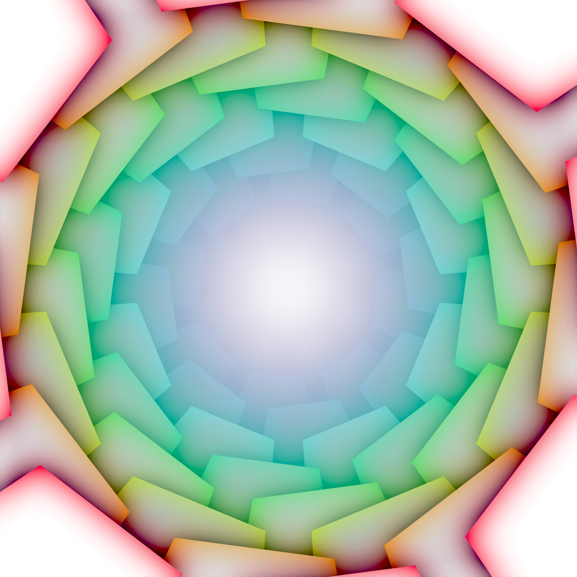 Geometric abstract modern design of layered colorful tiles forming a spiral, with a soft light glowing at the center.