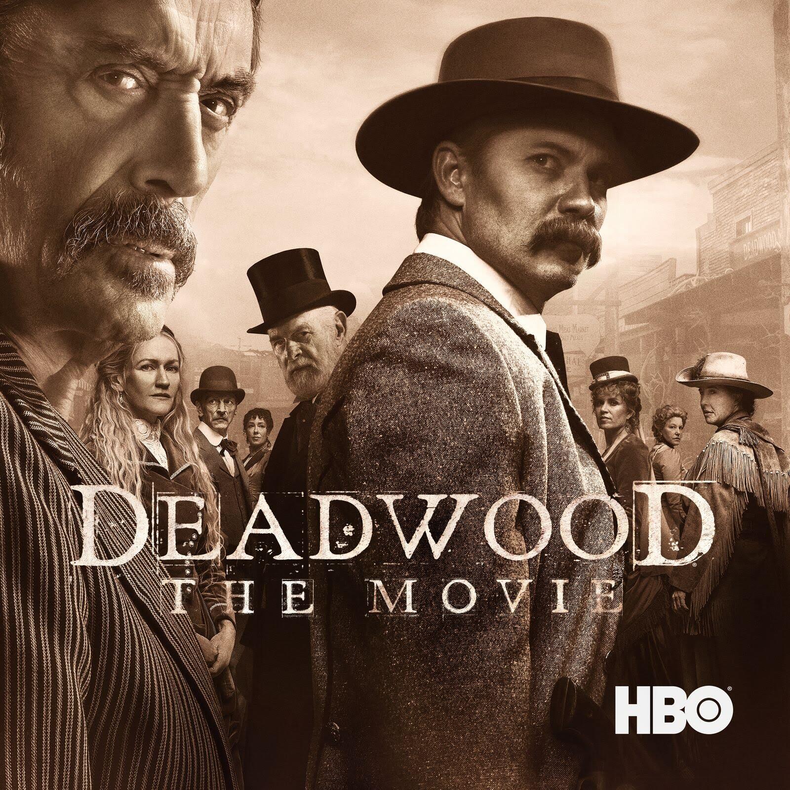 Sepia-toned poster of stern frontier townspeople with two mustachioed men in hats at center, titled Deadwood: The Movie with the HBO logo.