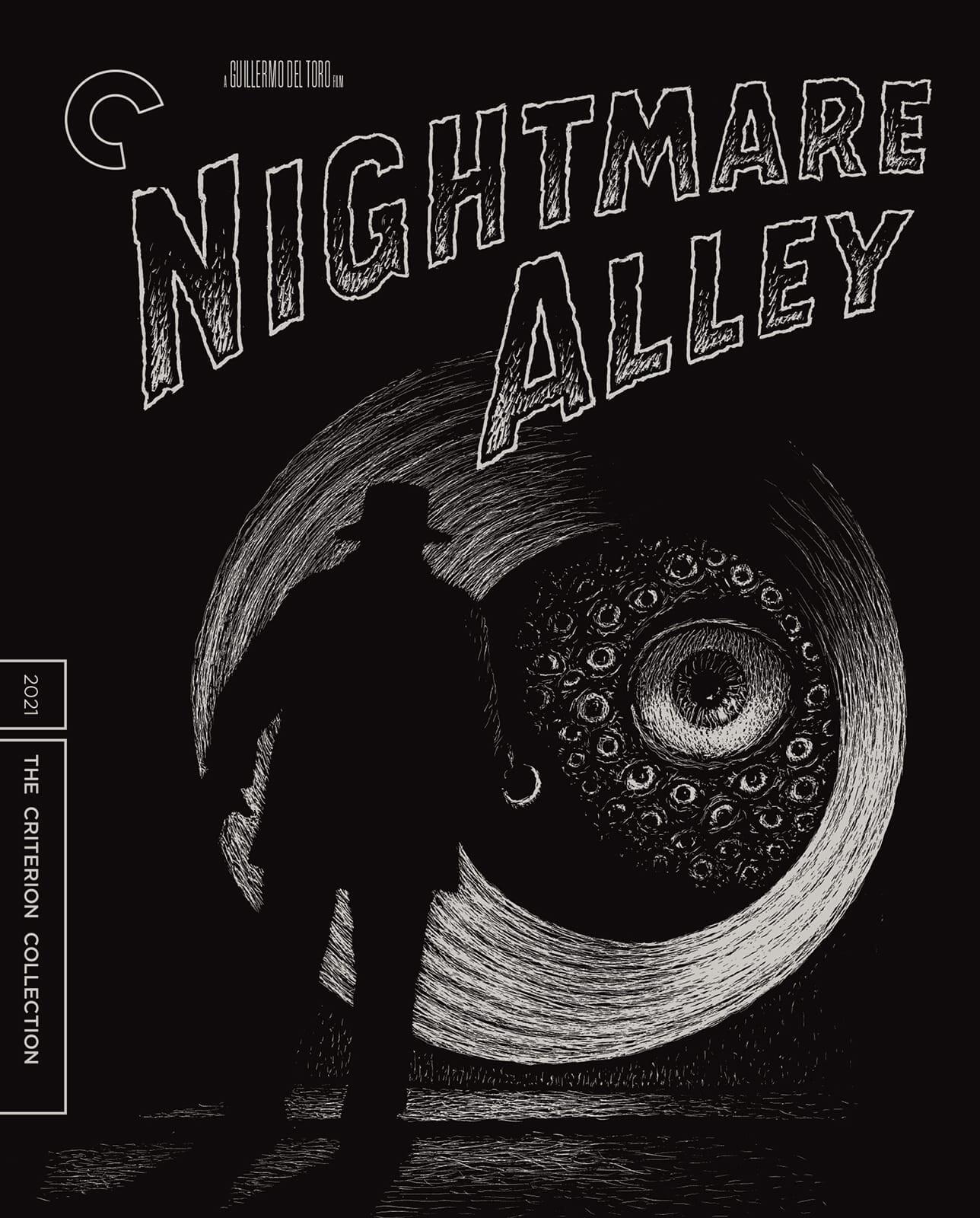 Black-and-white movie poster for Nightmare Alley: silhouetted man in a hat approaches a swirling, multi‑eyed vortex, the film title in distressed lettering.