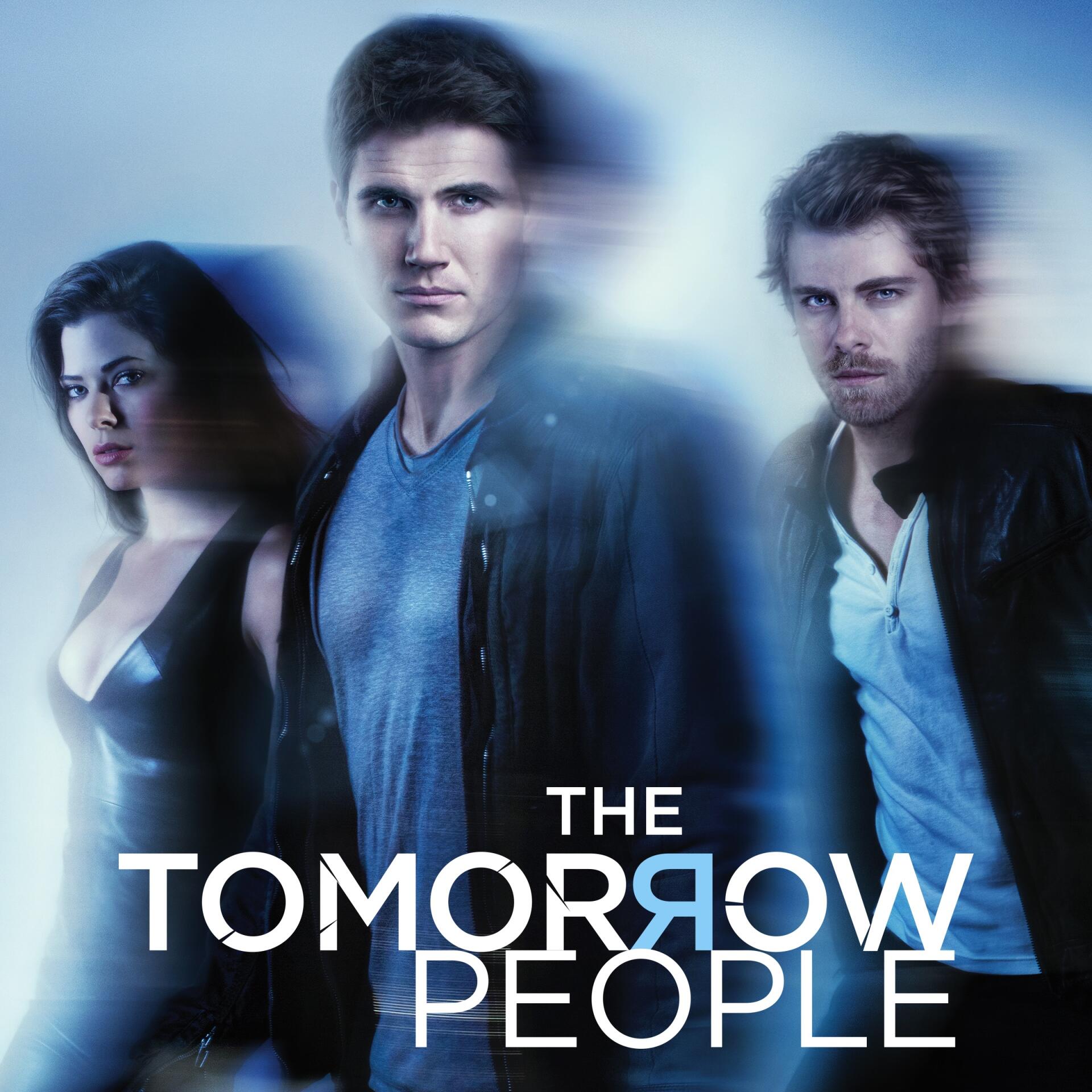 The Tomorrow People TV show promo: three young adults (center male, female left, male right) in blue-tinted motion blur with the series title visible.