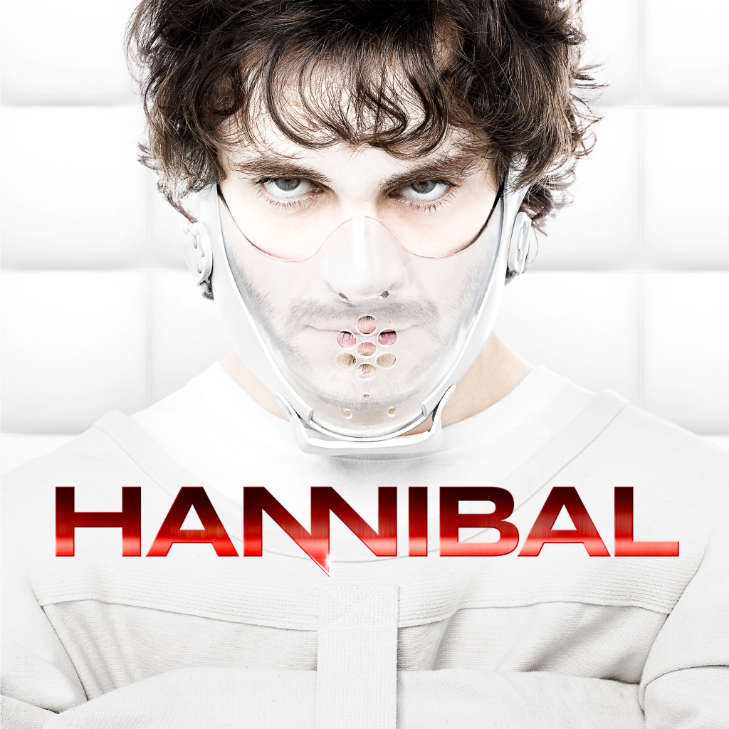 Promotional image for the TV show Hannibal: pale man in a clear restraint mask and white straitjacket, intense stare above the bold red HANNIBAL title.