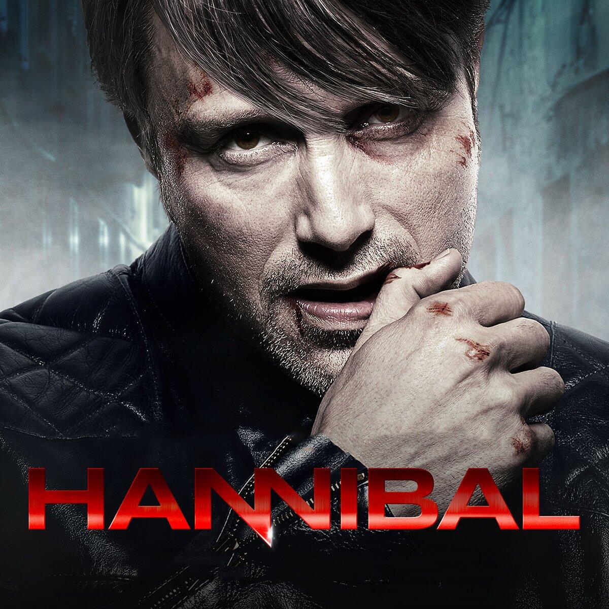 Close-up promo for the TV show Hannibal: intense man with dark hair, cuts and scratches, hand near mouth, red HANNIBAL title across the bottom.