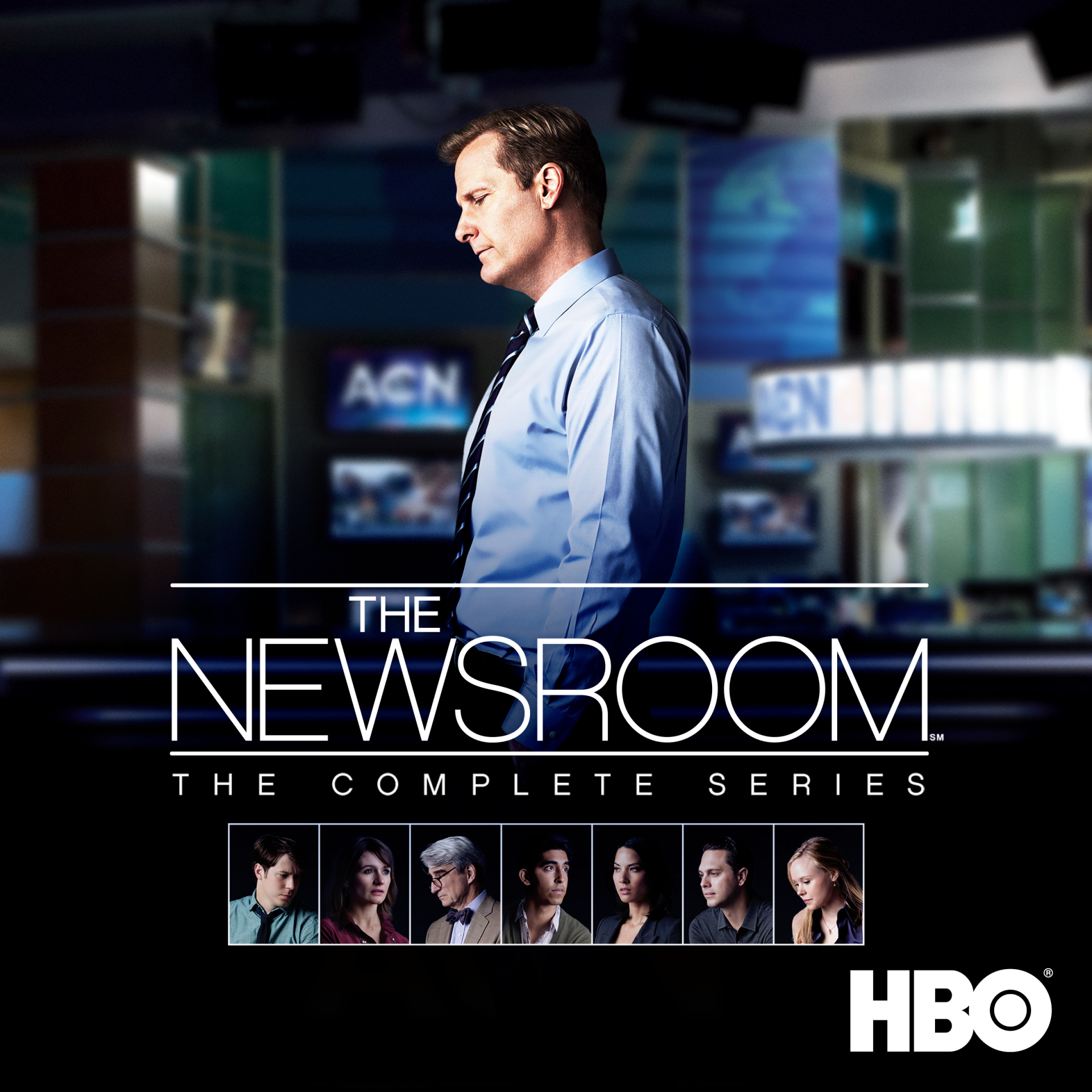 Promotional poster for HBO's The Newsroom (2012) — newsroom set with a blue‑shirted anchor in profile above the series title and a row of cast thumbnails.
