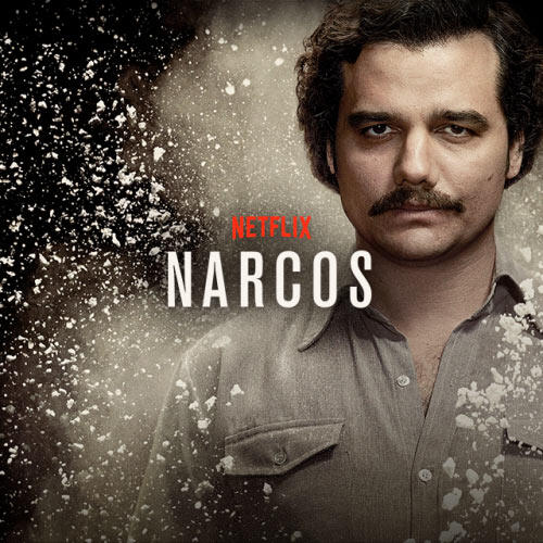 Promotional poster for the TV show Narcos: a mustached man in a faded shirt beside the Netflix Narcos logo with scattered white powder in the background.