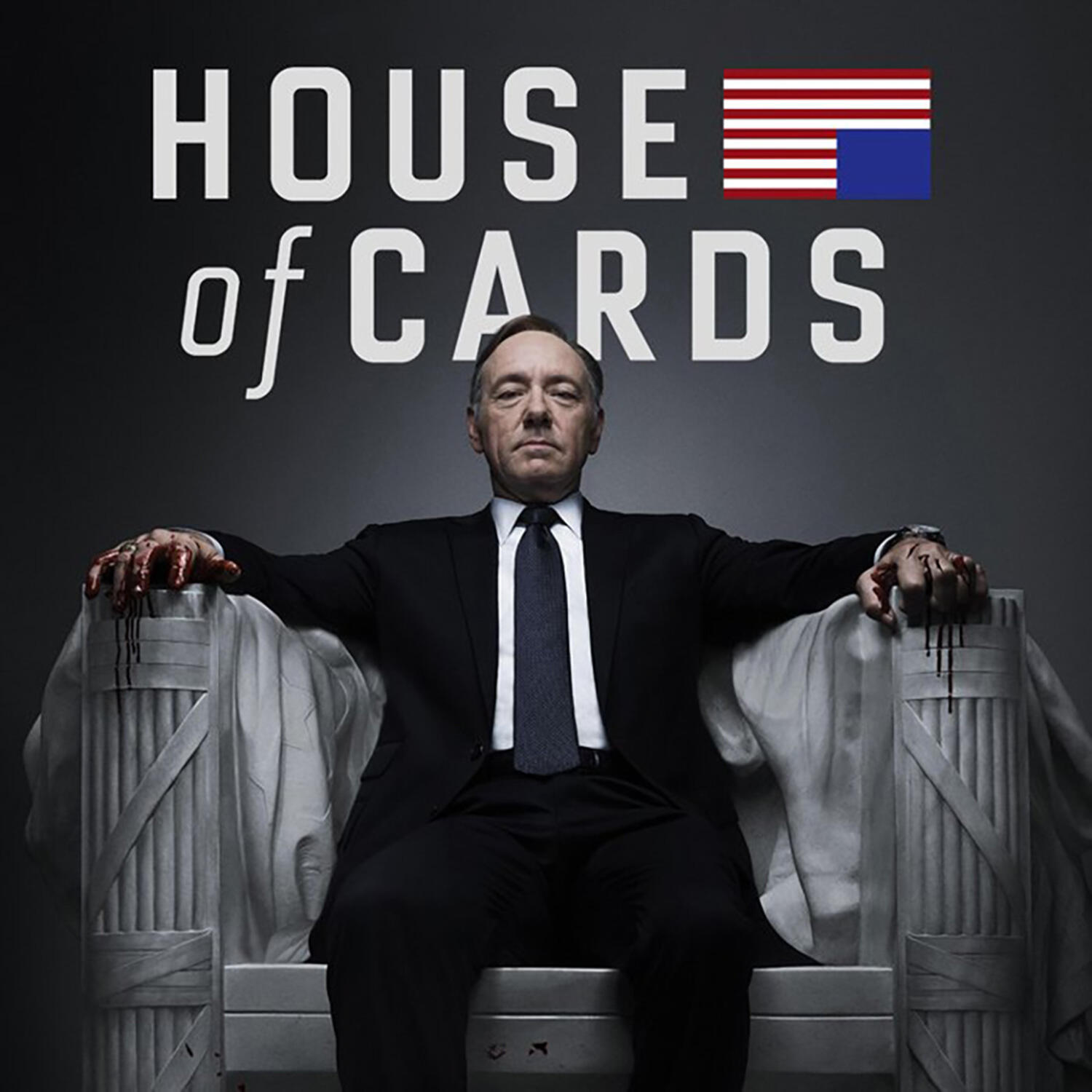 Promotional poster for the TV show House of Cards: a stern suited man sits in a throne-like chair, hands on armrests, beneath the show's title with a stylized American flag motif.