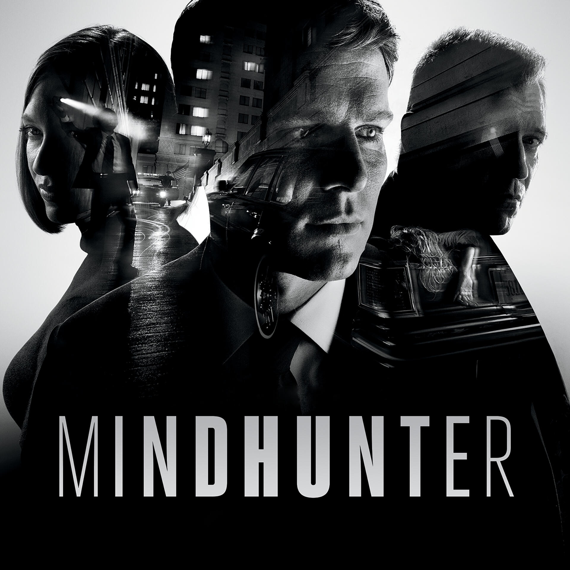 Black-and-white poster for the TV show Mindhunter: three overlapping profiles of investigators with city streets and police cars blended into a moody, noir composition.