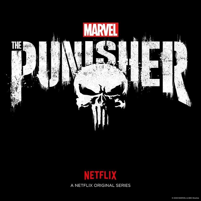 The Punisher TV show logo: distressed white PUNISHER lettering with a skull emblem on a black background, Marvel label above and a small red Netflix logo below.