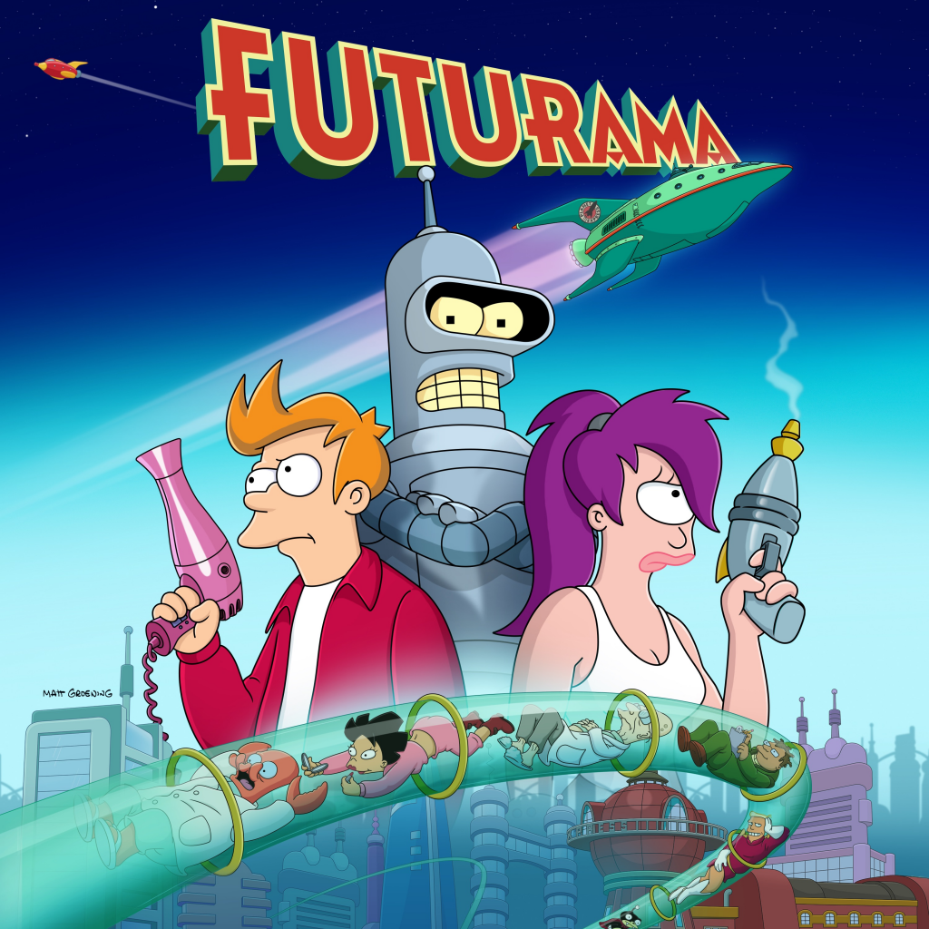 Futurama TV show image: Fry, Bender and Leela holding rayguns beneath the Futurama logo, Planet Express ship and a futuristic city skyline.