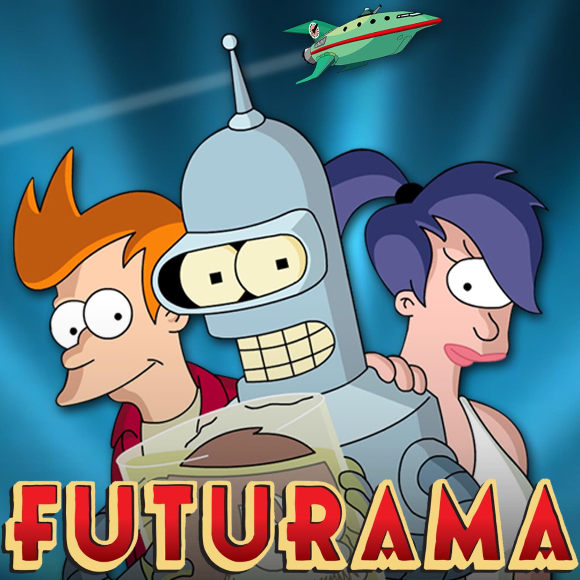 Futurama TV show poster: Fry, Bender, and Leela pose with a small spaceship overhead and the bold FUTURAMA logo.