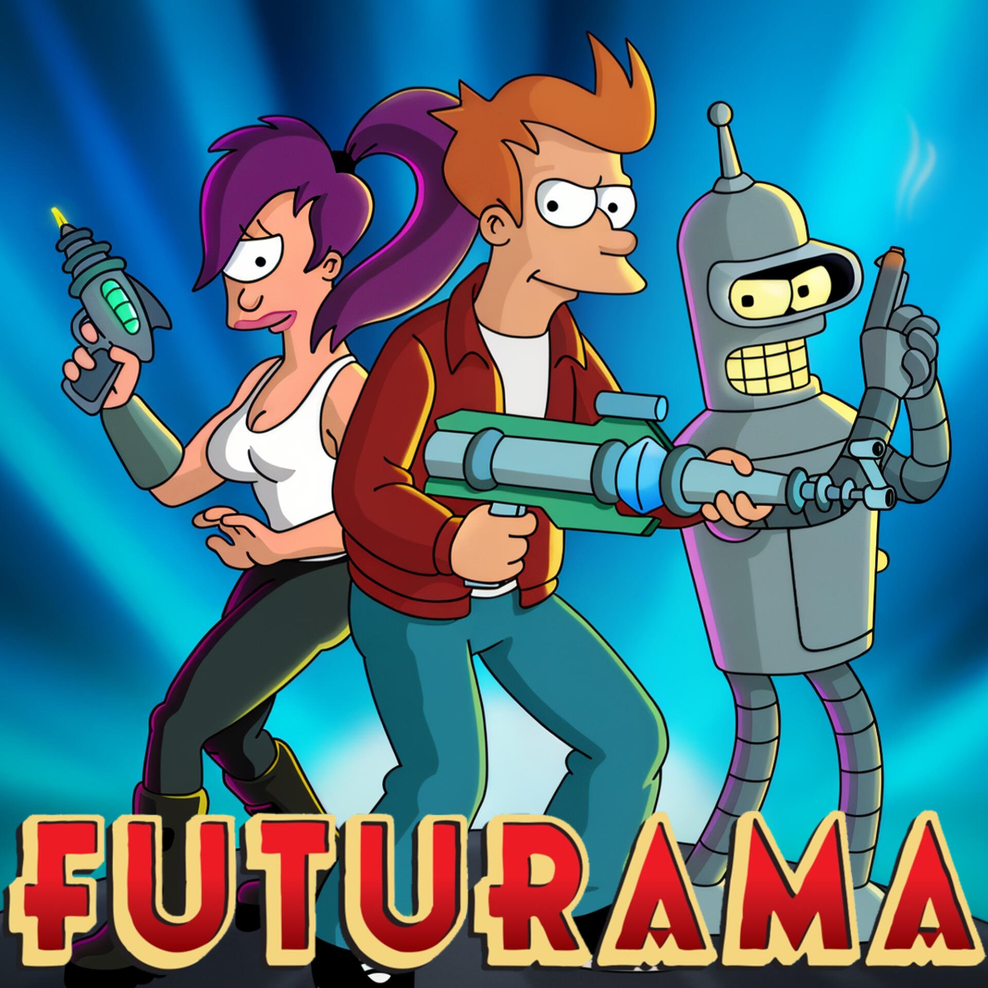 Futurama TV show poster: Fry, Leela and Bender stand back-to-back wielding futuristic weapons against a blue energy backdrop, with the bold FUTURAMA logo at the bottom.