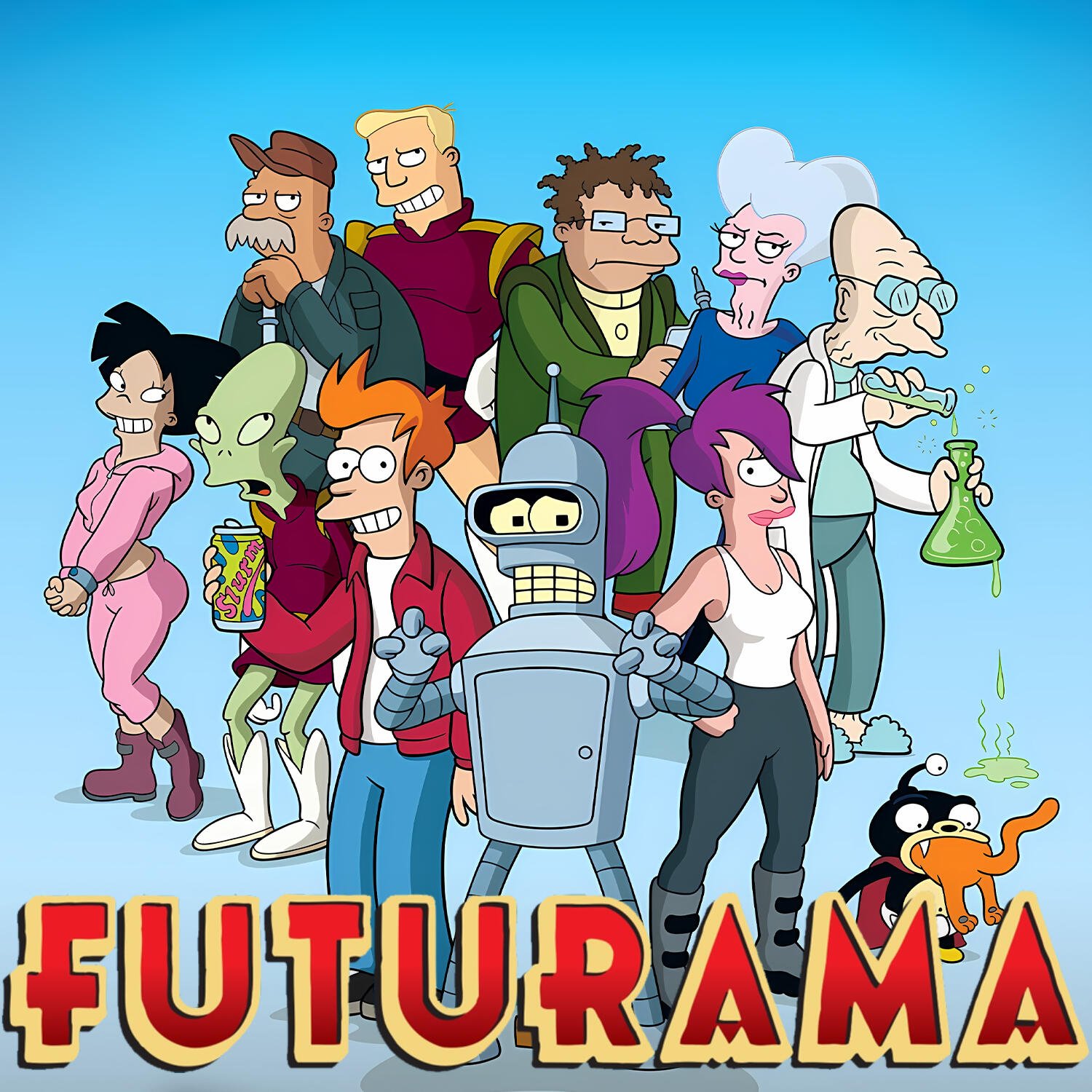 Group portrait of Futurama TV show characters — Bender front and center with Fry, Leela, Professor Farnsworth, Zoidberg, Amy, Hermes, Zapp, Kif and Nibbler against a blue sky.