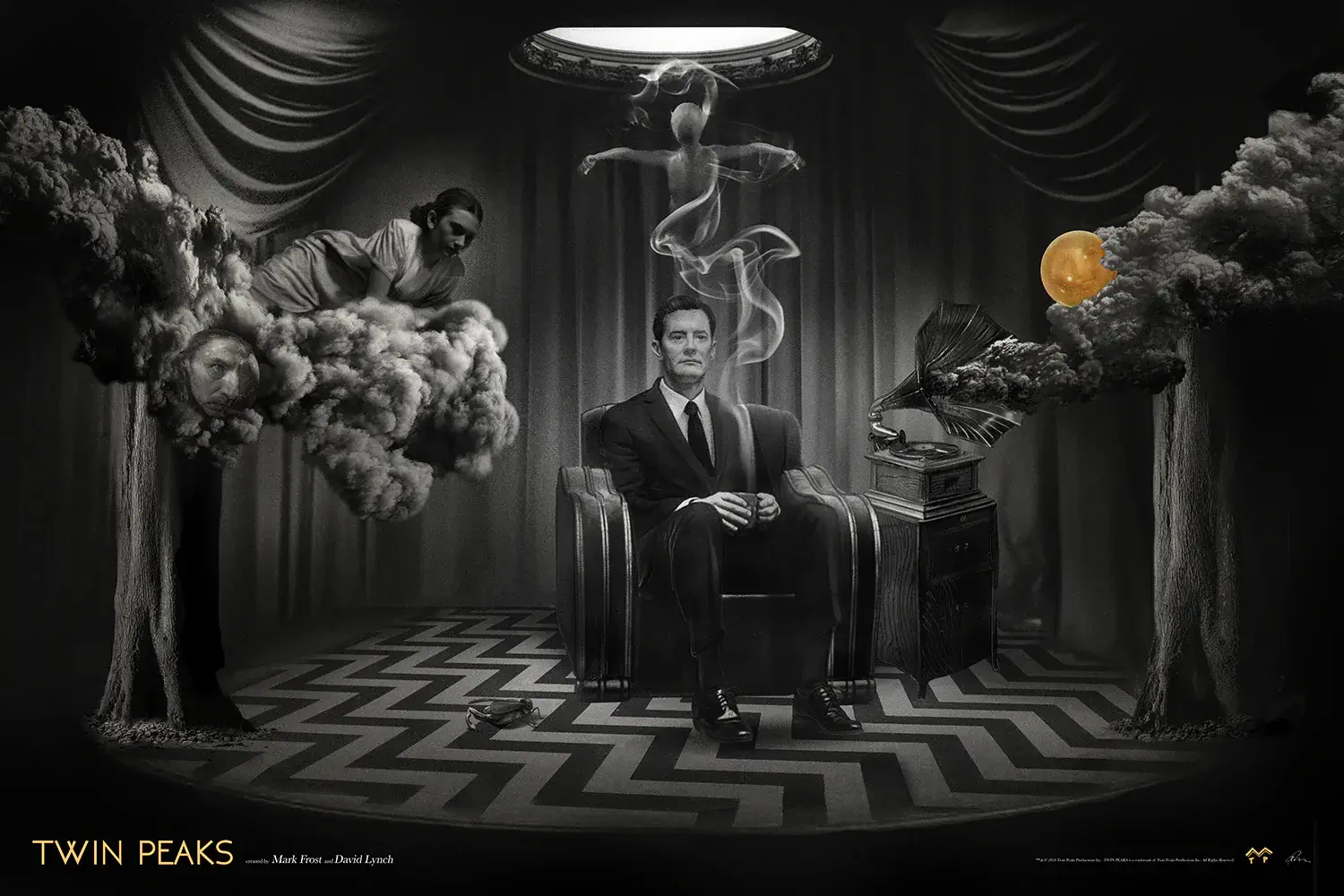 Black-and-white Twin Peaks scene: a suited man sits in the Red Room on a chevron floor, flanked by swirling smoke figures and a glowing orange orb.