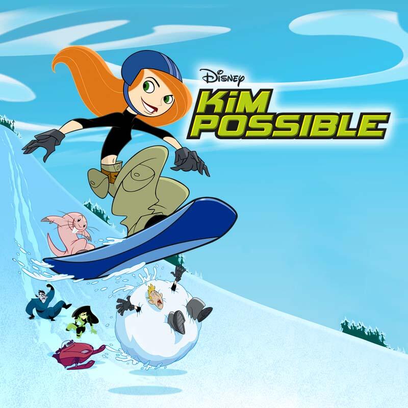 Kim Possible, TV show: Kim snowboards down a snowy slope with Rufus and friends tumbling in a giant snowball, the Kim Possible logo visible in the bright blue sky.