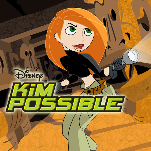 Kim Possible (Disney TV show) — redheaded heroine in black crop top and cargo pants holding a flashlight, confident pose with the show's Kim Possible logo.
