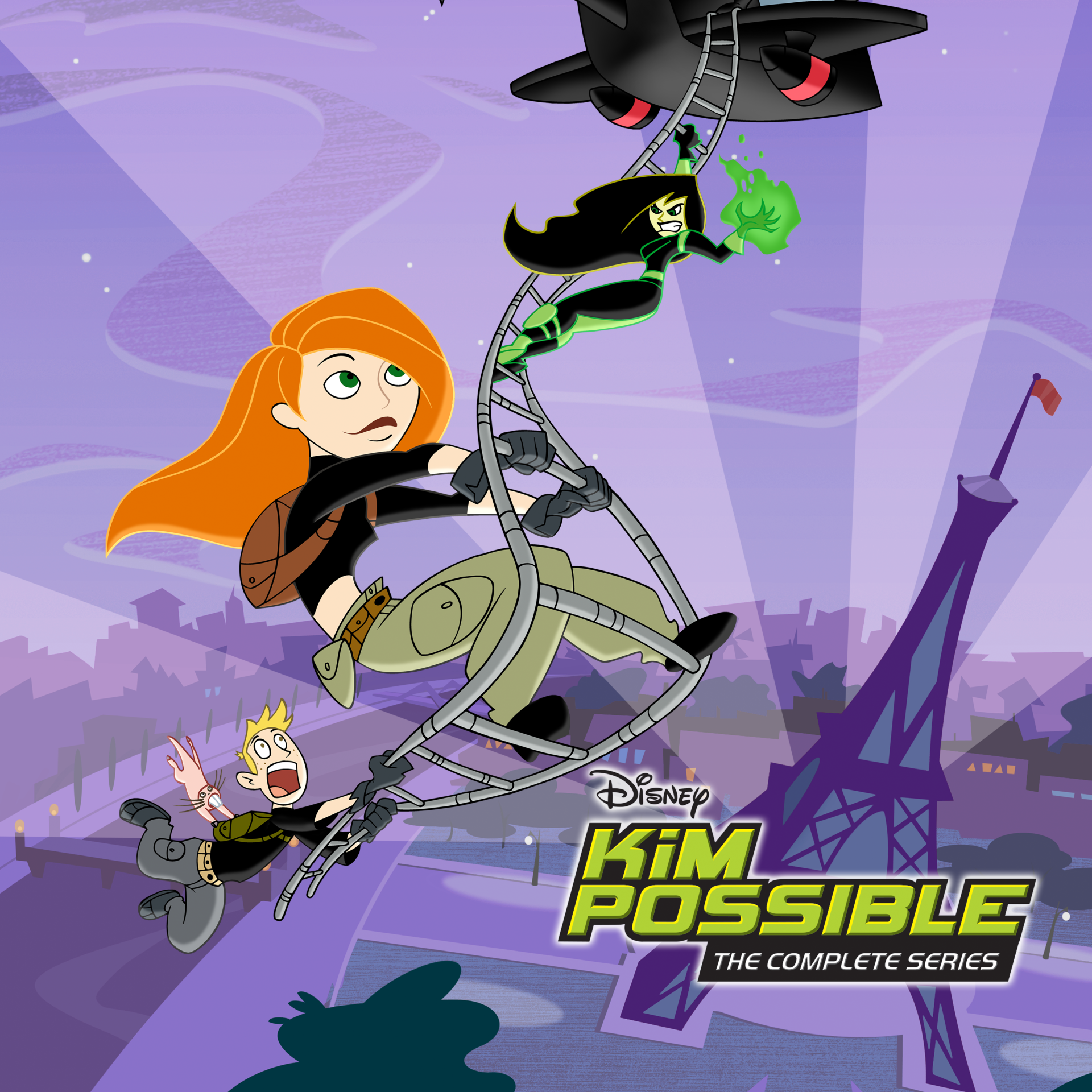 Kim Possible (TV show) swings on a cable above a purple Paris skyline as Shego hurls green energy and Ron panics below; the Disney Kim Possible series logo appears at the bottom.
