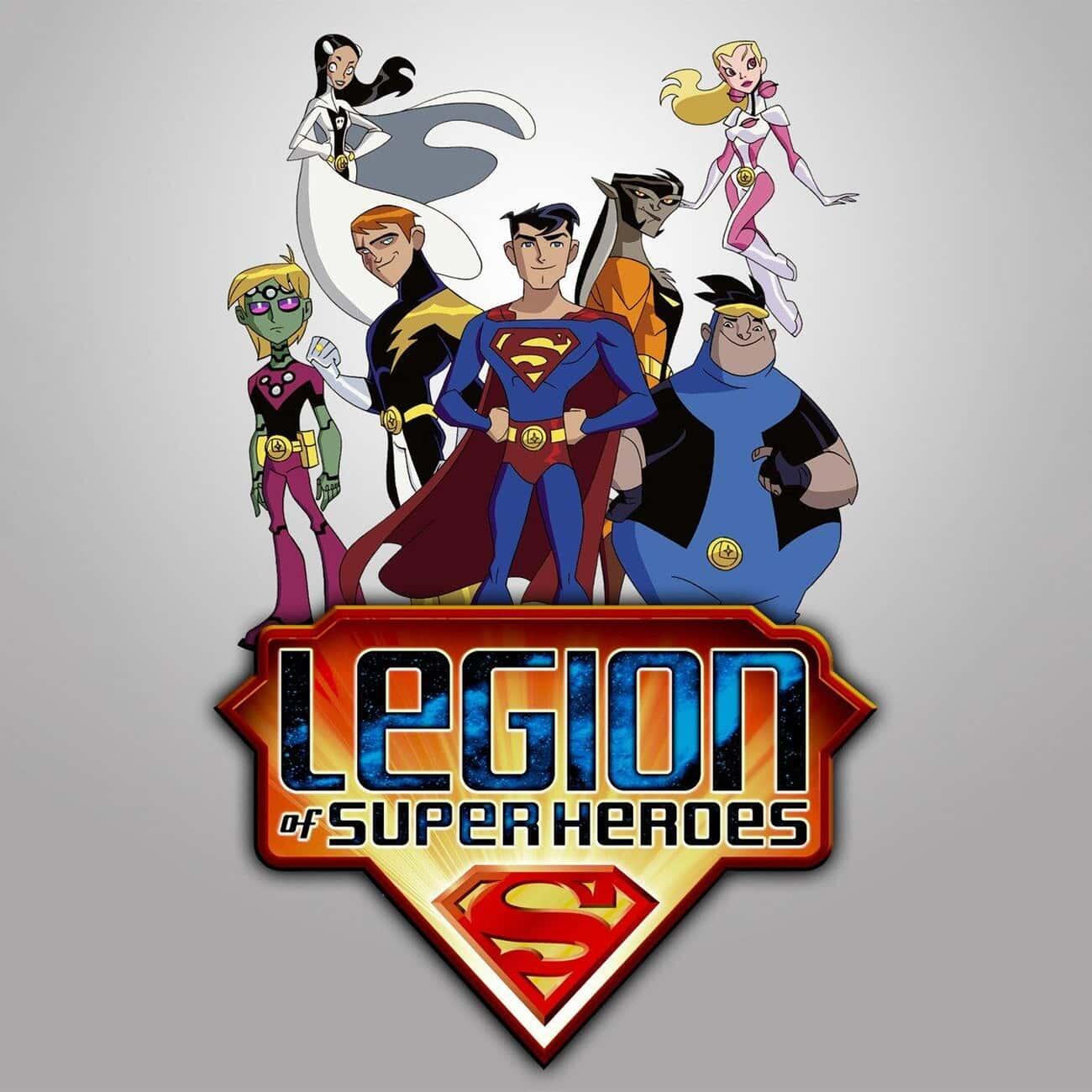 Legion of Super-Heroes TV show art: a Superman-like leader stands front with diverse teammates arrayed behind him above the bold Legion of Super-Heroes logo.
