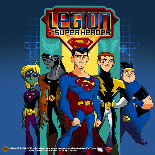 Legion of Super-Heroes TV show poster: Superboy stands center with four Legion teammates behind him and the colorful series logo above.