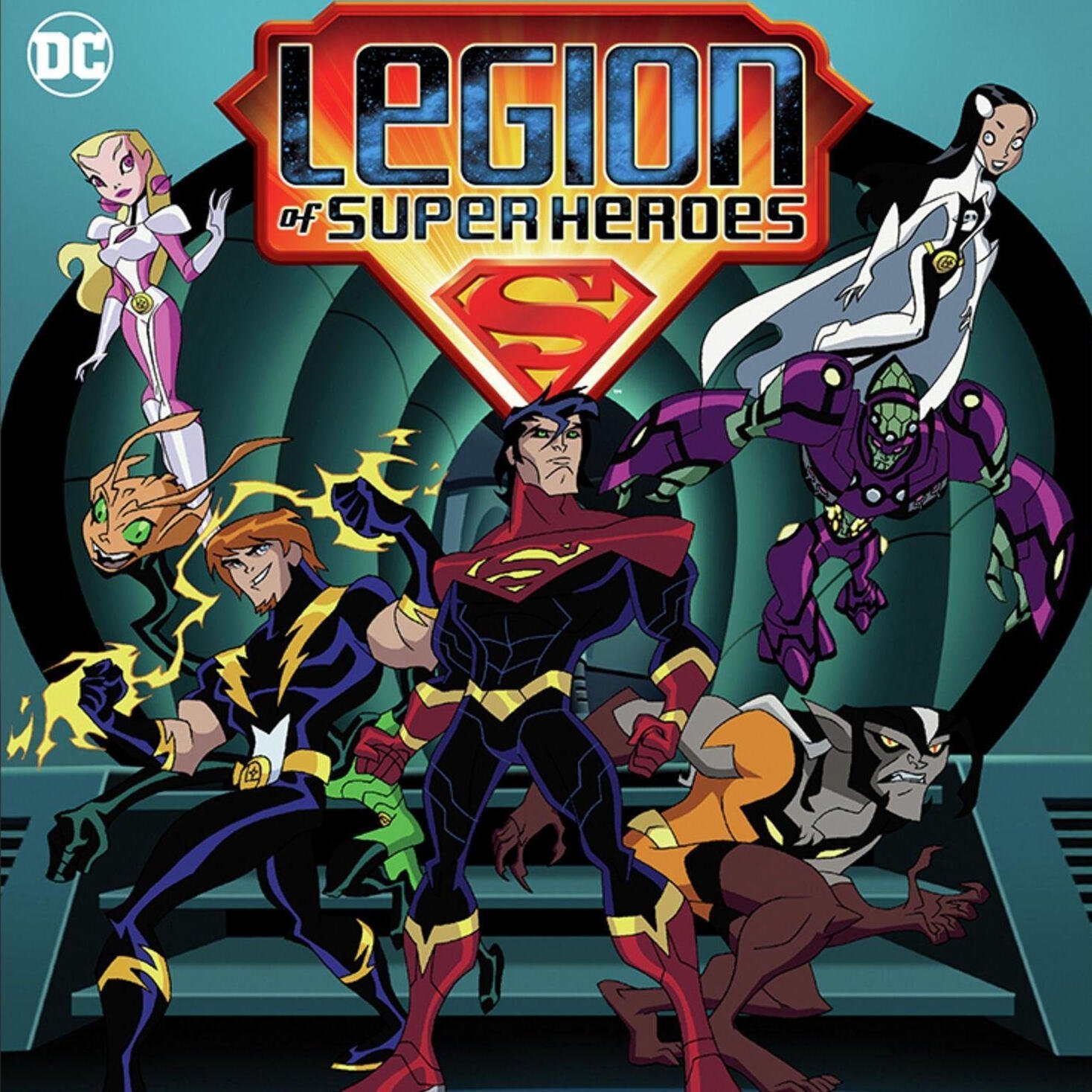 Poster for the Legion of Super-Heroes TV show: Superboy front and center with six colorful teammates in dynamic poses before a futuristic emblem.