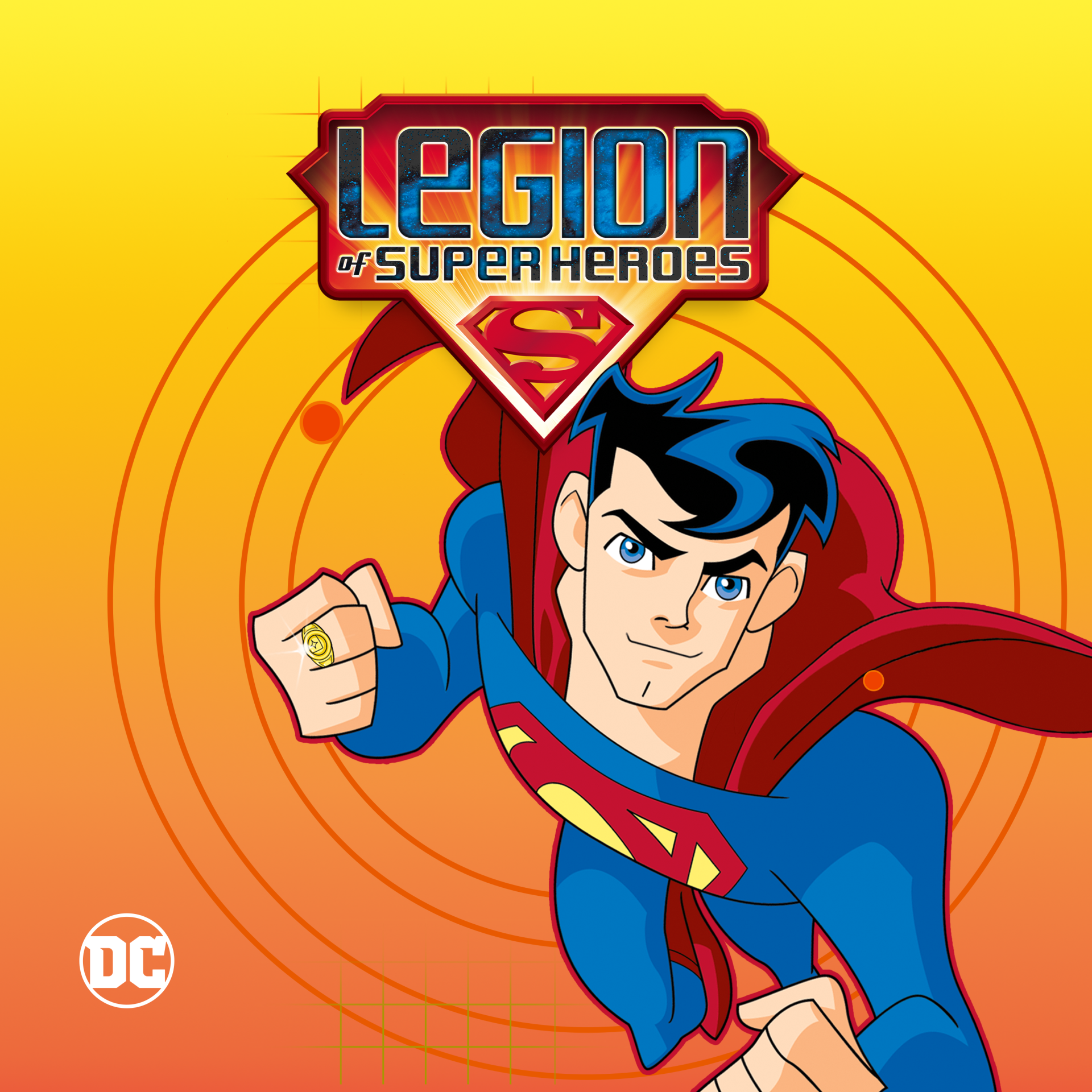 Animated Superman-style hero in blue suit and red cape flying toward viewer beneath the Legion of Super-Heroes TV show logo on an orange concentric background.