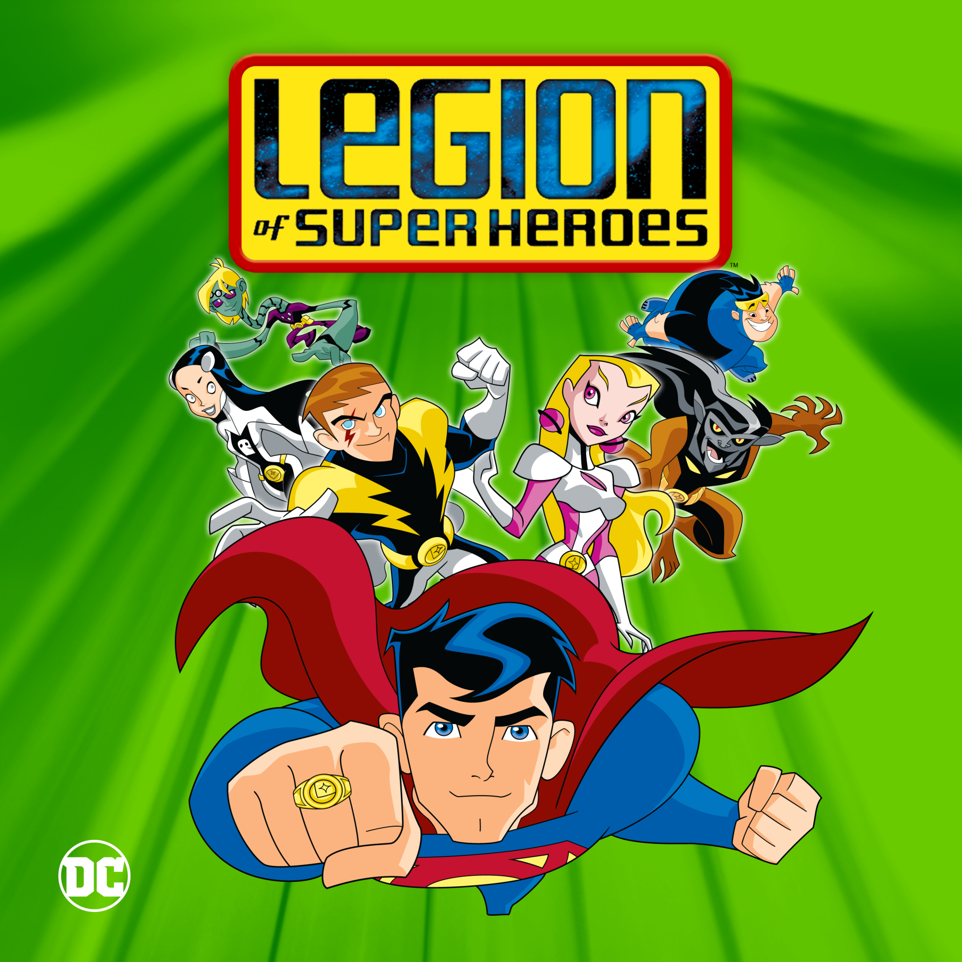Promotional art for the Legion of Super-Heroes TV show: animated Superman flying at the front with fellow Legion members and the show logo on a bright green background.