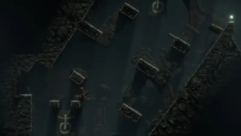 A dark, atmospheric scene from the video game Jump King Quest, showcasing precarious stone platforms and a challenging ascent illuminated by a distant light.