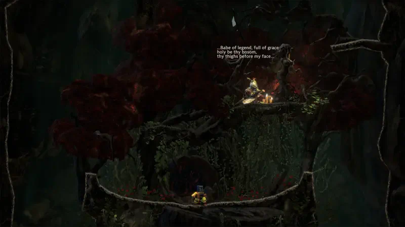 A scene from the video game Jump King Quest, featuring a character navigating a lush, forested environment while interacting with a companion above.